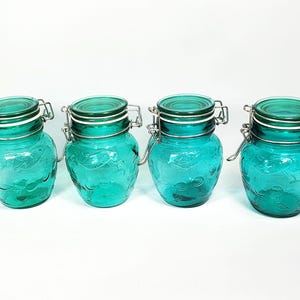 May include: Four teal glass jars with hinged lids and metal clasps. The jars have a rounded shape and feature a floral pattern. The lids are a matching teal colour. These jars are ideal for kitchen storage.