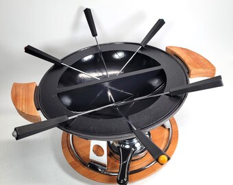 Cast Iron Enamel Double Fondue Hot Pot, Stand, Burners, Forks