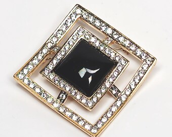 Butler Square Brooch Black Glass Cabochon Clear Rhinestones Gold Tone 1 5/8"