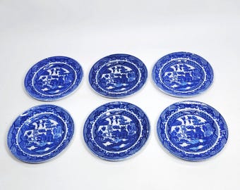 6 Blue Willow Pattern Ironstone Transferware Butter Pats Condiment Plate Sauce Dish 4 3/8"