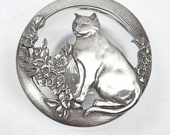 Tapa para popurrí de peltre con forma de gato y flores de Seagull, año 1988, con frasco de vidrio de 2,75 pulgadas.
