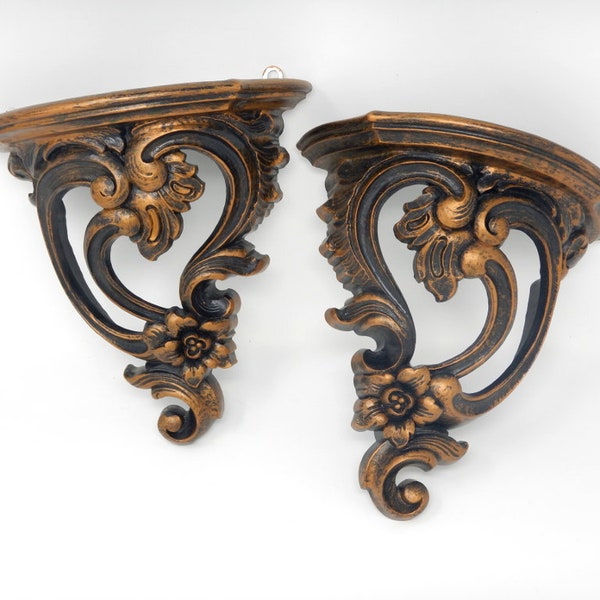 Pair of Dart Industries 1970 Hollywood Regency Antiqued Copper Color Wall Sconces Shelf w/ Plate Groove 9"