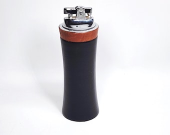 Laurids Lonborg Denmark 6" Table Cigarette Lighter Teak & Black Faux Leather Works