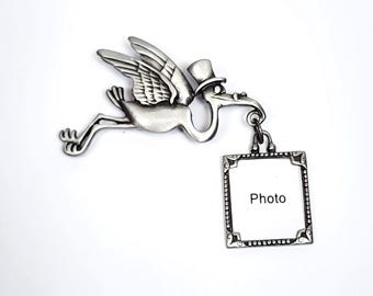 Pewter Brooch Stork Carrying Picture Frame JJ Jonette Jewelry