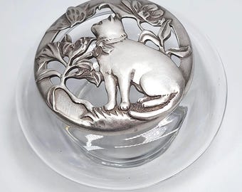 Tapa para popurrí de peltre con forma de gato y mariposa de Seagull, año 1988, con frasco de vidrio de 4,5 pulgadas.