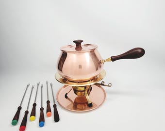 Copper Fondue Set w/ Forks, Plate, Stand, Fuel Burner Italy & Portugal