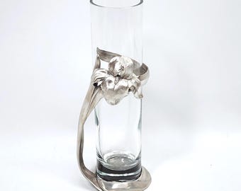 Jarrón de cristal y flor de iris de 2 piezas Seagull Pewter de 1992