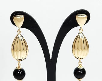 14kt Solid Yellow Gold Black Onyx Dangle Drop Pierced Earrings – Italian Vintage Picard