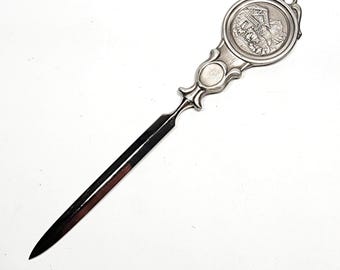Vintage Zinn Becker 95% Cast Pewter Letter Opener Engraved Alps Chalet Scene 9"
