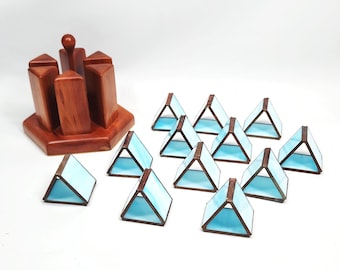 12 servilleteros triangulares de vidrieras azul cielo con soporte de madera personalizado.