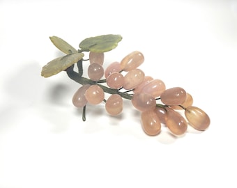 Genuine Decorative Rose Quartz Grapes Bunch w/ Jade Leaves