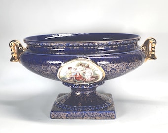 Compota de porcelana azul cobalto Imperio Inglaterra Camafeo, dorado, chintz