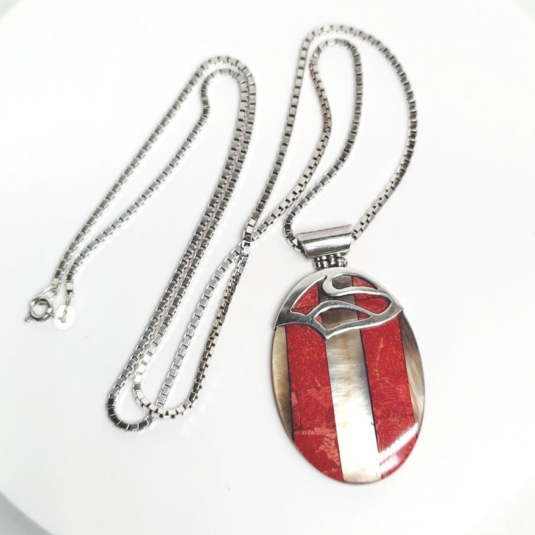 Sterling Silver Mother of Pearl Red Coral Inlay Flat Cabochon Pendant ...