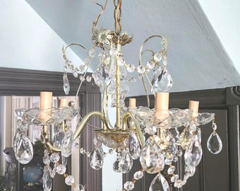 Vintage 5-Arm Crystal Chandelier Glass Teardrop Prisms, Bobeches, Chains Gold Tone