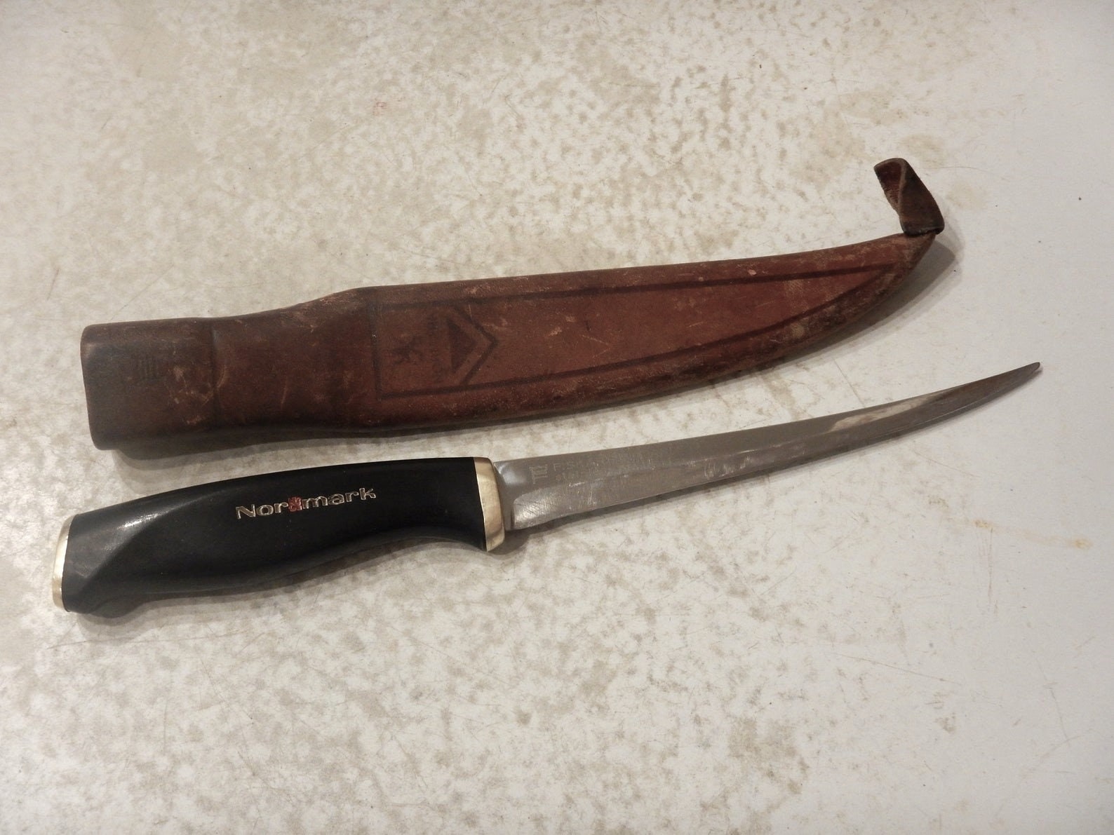 1967 Normark Filleting Knife W/ Leather Sheath Fiskars Finland 10 3/4 