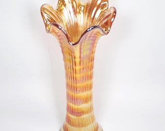7.75" Marigold Iridescent Ruffled Bud Vase Ripple Carnival Glass -B