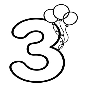 Puede incluir: Una ilustración de arte lineal en blanco y negro del número tres. El número está representado en un estilo de fuente redondeado y negrita. Tres globos circulares con cuerdas finas y onduladas están unidos a la curva superior derecha.