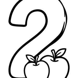 Op de afbeelding: Zwart-wit illustratie van het nummer twee met twee appels. Het nummer twee is zwart omlijnd, met een witte vulling. Twee appels zijn onder het nummer geplaatst, eveneens zwart omlijnd.