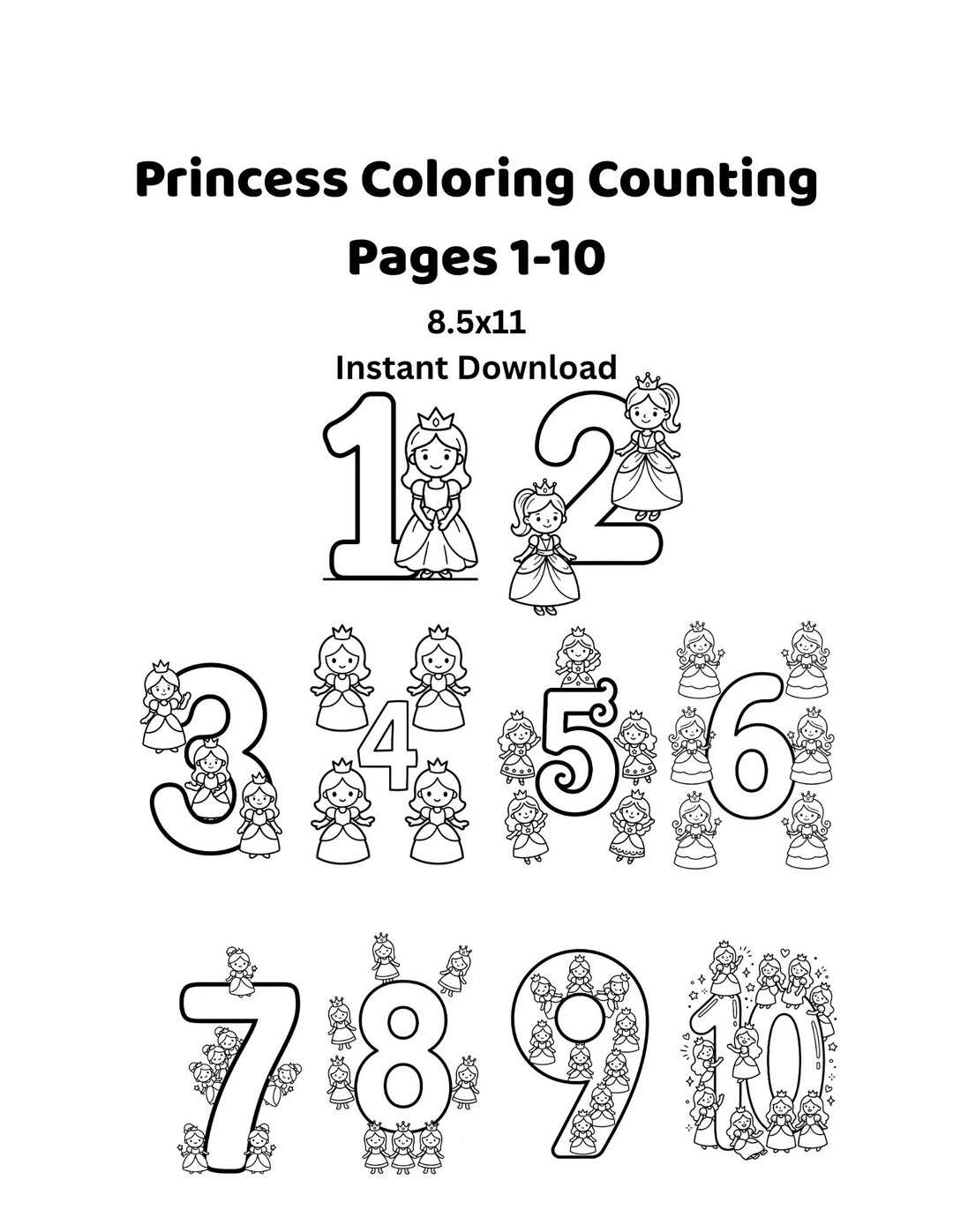 Princess Pattern Counting Princess Numbers 1–10 Coloring Book Printable | Preschool Counting ...