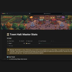 Pode incluir: Uma captura de tela de uma interface de site com uma cena de cidade pixelizada no topo. A interface exibe "Town Hall: Master Stats" com dados do jogador, incluindo XP e nível. Uma mensagem de boas-vindas do prefeito Willowbrook também é visível.