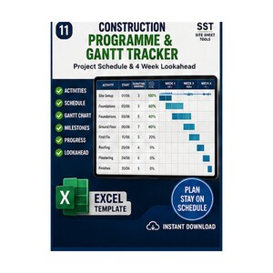 May include: A digital construction programme and Gantt tracker Excel template featuring a project schedule and 4-week lookahead. The interface displays columns for activity, start dates, duration, and progress percentages with a blue bar chart.