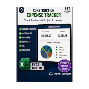 May include: A digital construction expense tracker Excel template featuring a dashboard with an expense summary, a pie chart for categories, and a list of features including record expenses, categories, receipts, projects, VAT, and reports.