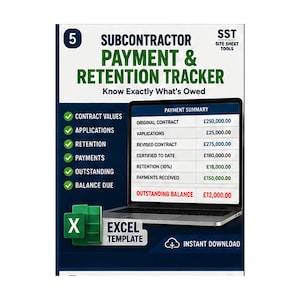 May include: A digital Subcontractor Payment & Retention Tracker Excel template displayed on a laptop screen. The interface shows a payment summary table with columns for contract values, applications, retention, payments, and outstanding balance due.