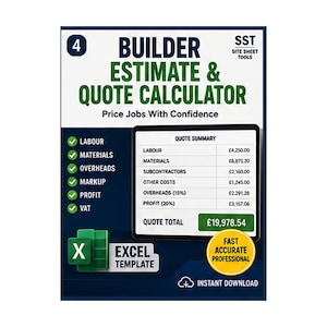 Builder Estimate & Quote Calculator | Labour, Materials, Markup and Profit | Construction Excel Template UK