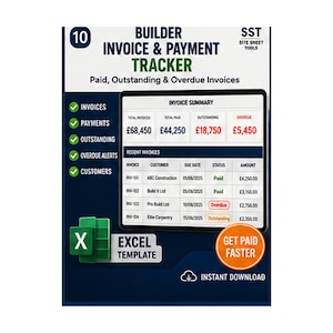 May include: A digital Builder Invoice & Payment Tracker Excel template featuring an invoice summary dashboard with totals for paid, outstanding, and overdue invoices, alongside a detailed table of recent invoices for various construction customers.