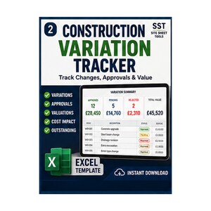Op de afbeelding: Een Excel-sjabloon voor het bijhouden van bouwvariaties met een overzichts-dashboard dat het aantal en de waarde van goedgekeurde, lopende en afgewezen wijzigingen in Britse ponden toont, naast een gedetailleerde lijst met projectwijzigingen.