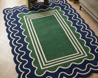Navy Green Scalloped Hand Tufted Wool Rug, Geometric Border Area Rug, Modern Wave Pattern Carpet, Handmade Statement Rug