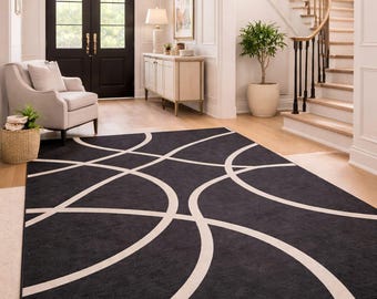Modern Black Abstract Wool Rug, Hand Tufted Geometric Curved Lines Carpet, Minimalist Area Rug, Contemporary Living Room Decor
