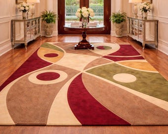 Hand Tufted Wool Rug Abstract Geometric Beige Red Green Modern Area Carpet, Contemporary Circular Pattern Living Room Rug