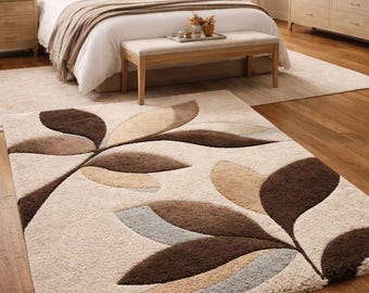 Hand Tufted Wool Rug Beige Brown Leaf Pattern, Modern Botanical Area Rug, Plush Abstract Carpet for Living Room Bedroom Decor