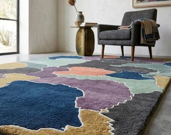 Abstract Hand Tufted Wool Rug, Multicolor Modern Area Rug, Navy Blue Purple Sage Green Geometric Statement Carpet