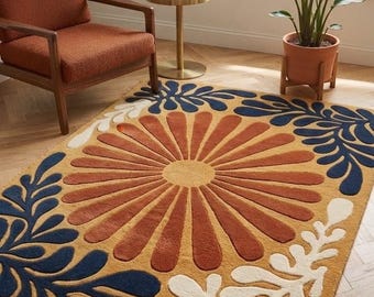 Handmade Floral Area Rug, Terracotta Sunburst Tufted Rug, Navy Blue Botanical Rug, Boho Earth Tone Wool Carpet