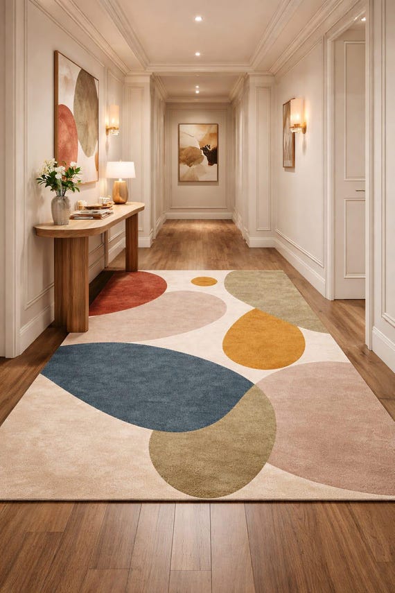 Modern Abstract Wool Rug, Scalloped Edge Carpet, Handmade Tufted Area Rug, Geometric Neutral & Terracotta Living Room Rug