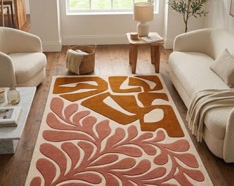 Hand Tufted Wool Rug, Terracotta Abstract Floral Area Rug, Cream Modern Organic Pattern Carpet, Boho Contemporary Decor