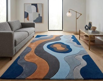 Navy Blue Abstract Hand Tufted Wool Rug, Modern Wave Area Rug, Contemporary Geometric Carpet