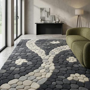 Hand Tufted Pebble Rug, Charcoal Gray & Ivory Wool Area Rug, Organic Stone Pattern, Modern Textured Statement Carpet