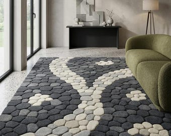 Hand Tufted Pebble Rug, Charcoal Gray & Ivory Wool Area Rug, Organic Stone Pattern, Modern Textured Statement Carpet