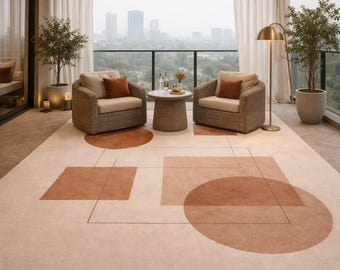 Hand Tufted Wool Rug Neutral Beige Terracotta Geometric Abstract Modern Area Rug Minimalist Shapes Living Room Carpet