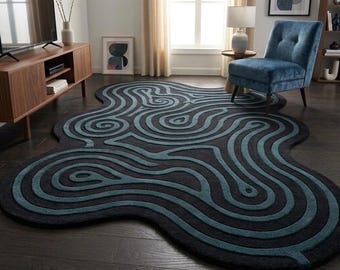 Abstract Wavy Wool Rug, Hand Tufted Organic Area Rug, Charcoal & Teal Blue Modern Statement Carpet, Contemporary Sculptural Rug