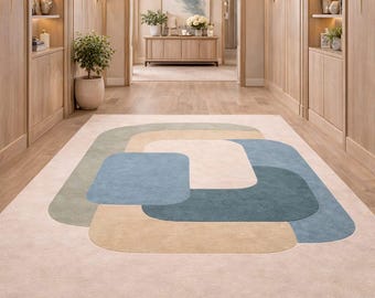 Hand Tufted Wool Rug Abstract Geometric Pattern Beige Sage Green Blue Modern Area Rug Soft Plush Carpet Living Room Decor