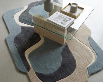 Abstract Tufted Area Rug, Irregular Shaped Handmade Wool Carpet, Wavy Layered Modern Rug for Living Room, Dusty Blue Beige Charcoal
