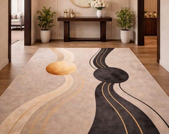 Hand Tufted Wool Rug Beige Black Gold Abstract Modern Area Rug, Geometric Flow Design Carpet, Luxury Minimalist Home Decor