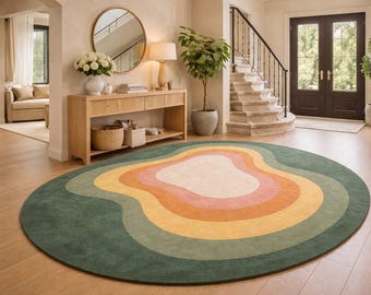 Hand Tufted Wool Rug Organic Abstract Wave Design Green Beige Pink Modern Area Carpet Soft Plush Living Room Decor