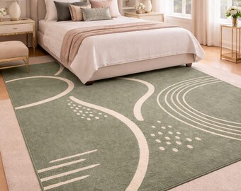 Sage Green Abstract Wool Rug, Hand Tufted Modern Geometric Carpet, Minimalist Curved Line Area Rug, Luxury Contemporary Decor