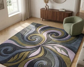 Hand Tufted Swirl Wool Rug, Modern Abstract Area Rug, Gray Lavender Olive Geometric Carpet, Contemporary Statement Rug