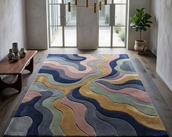 Hand Tufted Wool Rug, Abstract Wave Area Rug, Colorful Modern Carpet, Pastel Blue Green Pink Gold Statement Rug